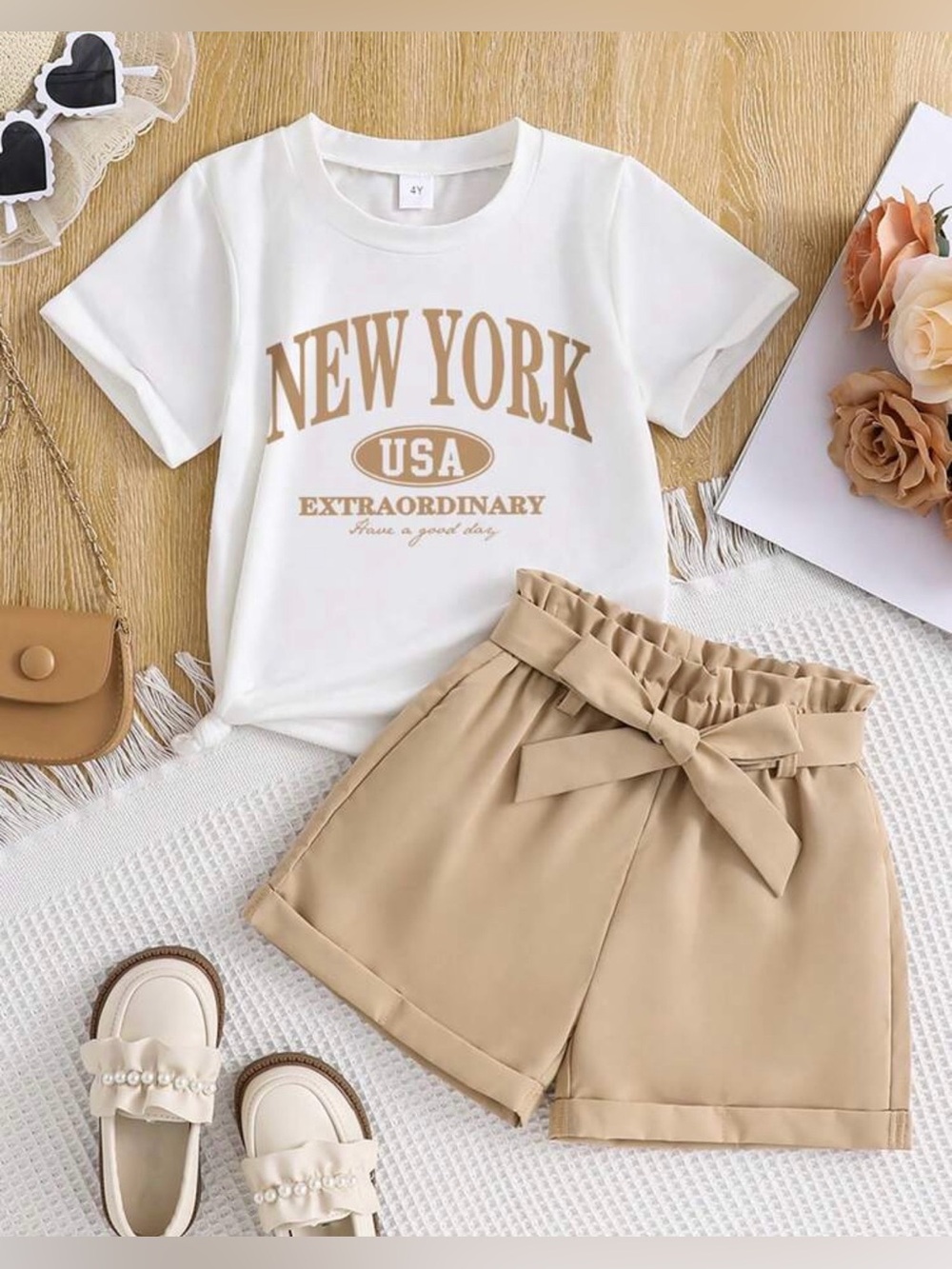 🔥5/$25🔥 NEW SHEIN 2 Piece Graphic T-Shirt Waist Belted Short Set Size Girls 4T